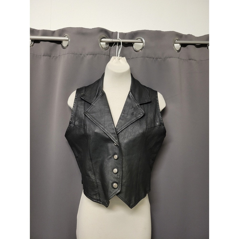Vintage 90s Cowgirl Boho Moto Leather Vest Black Button Front Ornate Medium